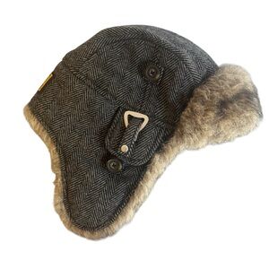 American Eagle Trapper Hat Gray Herringbone Wool Blend Faux Fur | Lined